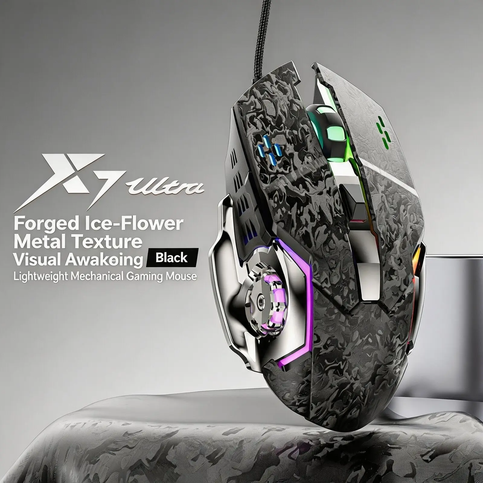 Wired Gaming Mouse 7200 DPI 6 Buttons Ice Flower Metal Texture RGB 1.5M Cable Ergonomic USB Play Mice for PC Laptop Gamer Office