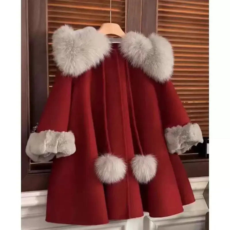 

Осень-зима бежевый большой меховой воротник для маленьких девочек шерстяные длинные пальто детская рождественская толстая бархатная верхняя одежда детская новая теплая куртка пальто