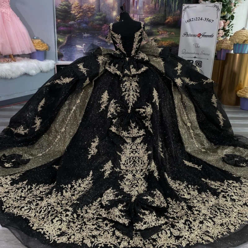 فستان أسود لامع للأميرة الحلو 16 فستان فساتين Quinceanera مزين بالدانتيل والخرز تول حفلة عيد ميلاد فيستدوس 15 دي أنوس