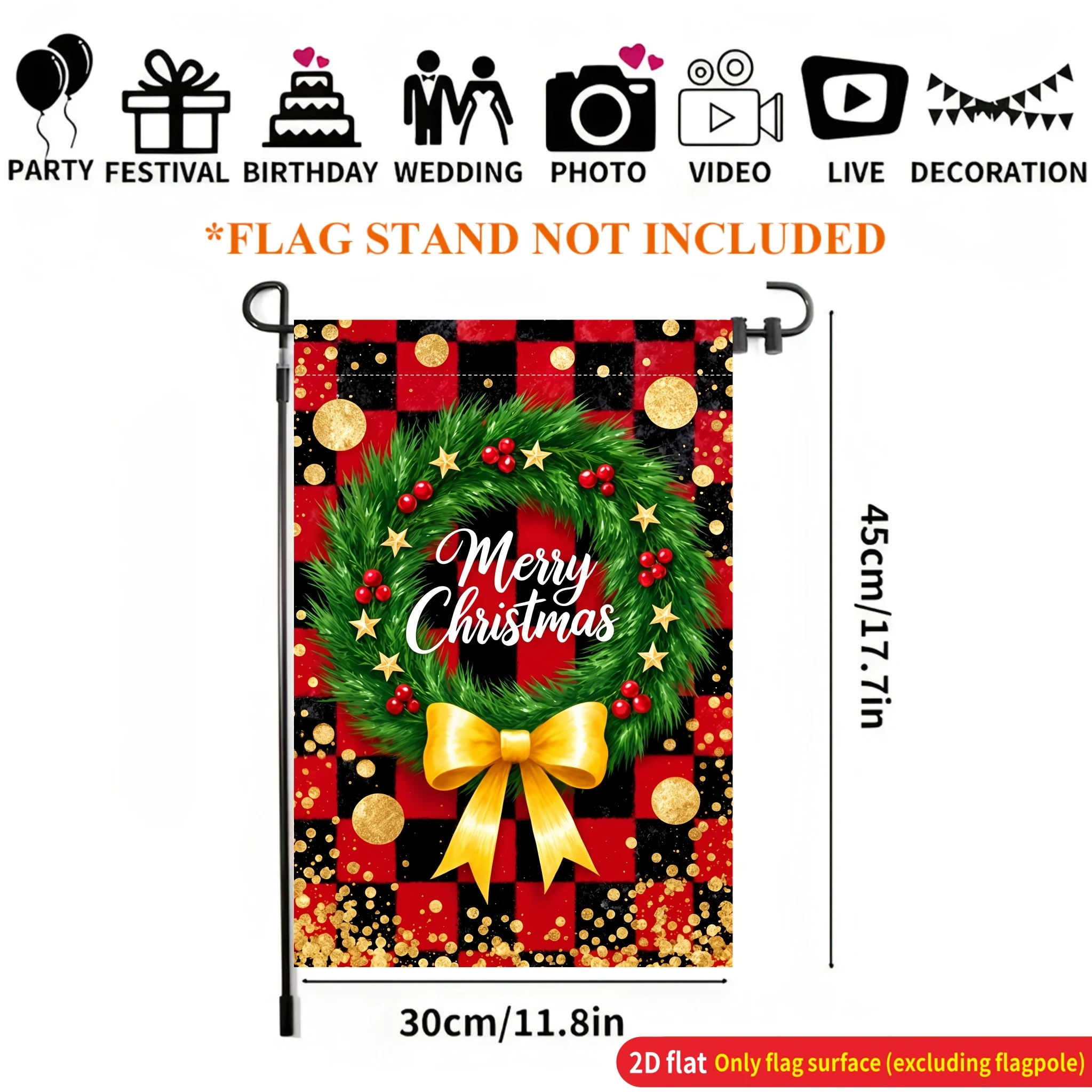 2D Flat Citi - 2D Flat Garden Flag, Red Haige Christmas Wreath, Golden Bow Garden Flag, Outdoor Lawn Garden Festive Decoration Flag, Durable Polyester, 11.8X17.7 Inches, Without Flagpole
