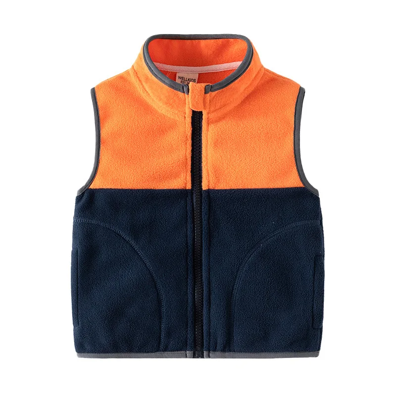 Boys\' Fashion Fleece Sleeveless Vest Spring Autumn Color-Block Zipper Stand Collar Vests Stylish Top for Kids, Ages 2-7