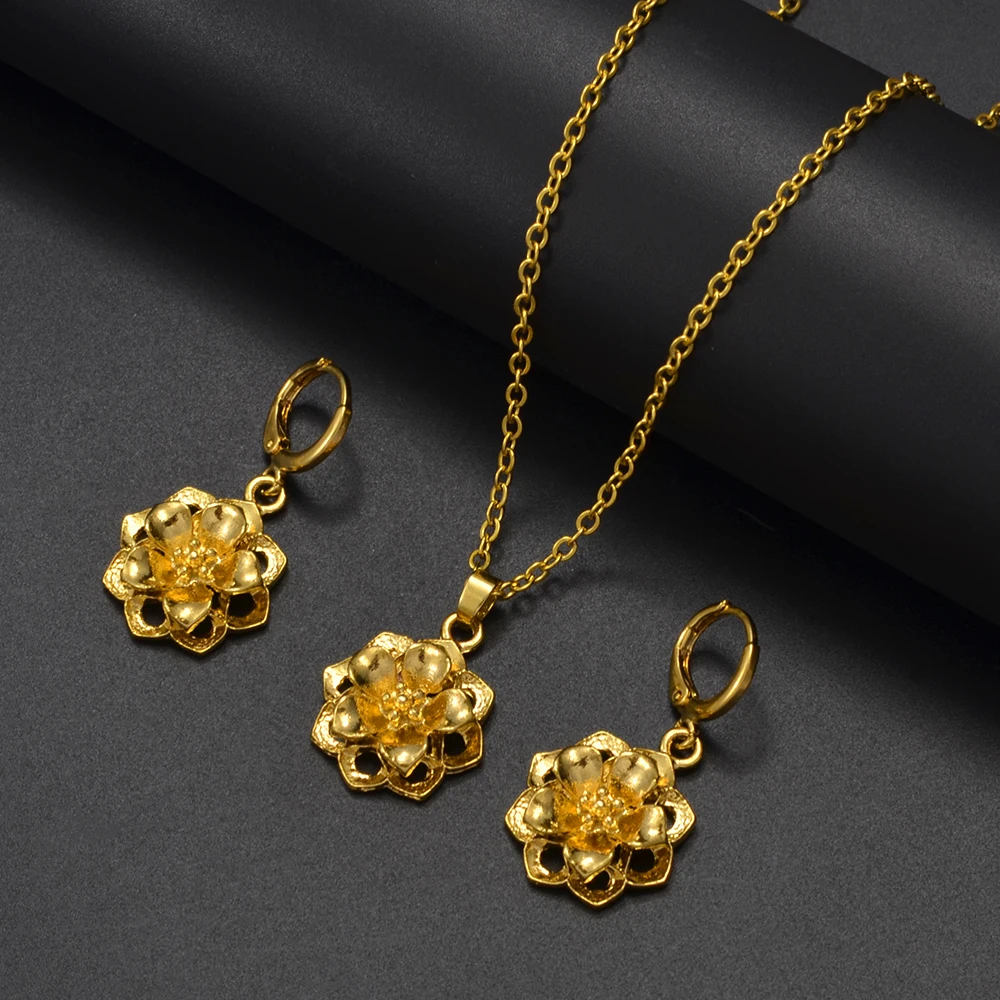 Anniyo Gold Plated Flower Sets Necklaces Earrings for Woman Girls African Ethiopian Party Jewelry Middle East Arab Dubai #172716