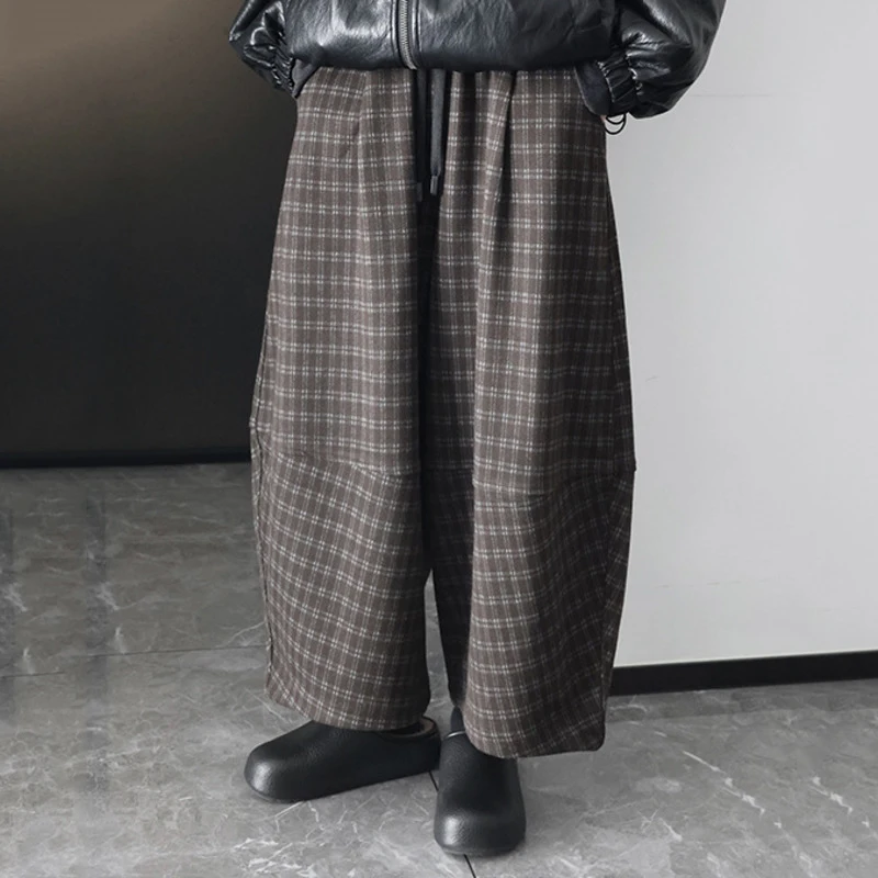 HKSH automne hiver nouveau femmes décontracté jambe large lanterne pantalon épaissir laine Plaid cordon taille élastique drapé Chic HK15691