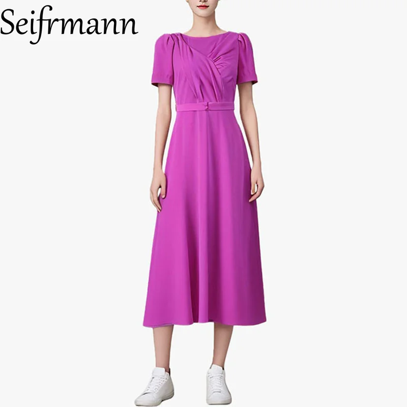 

Seifrmann Solid Short Sleeve Slim Dress For Women Fashion Button High Waist Vintage Temperament Summer Dress for formal occasion