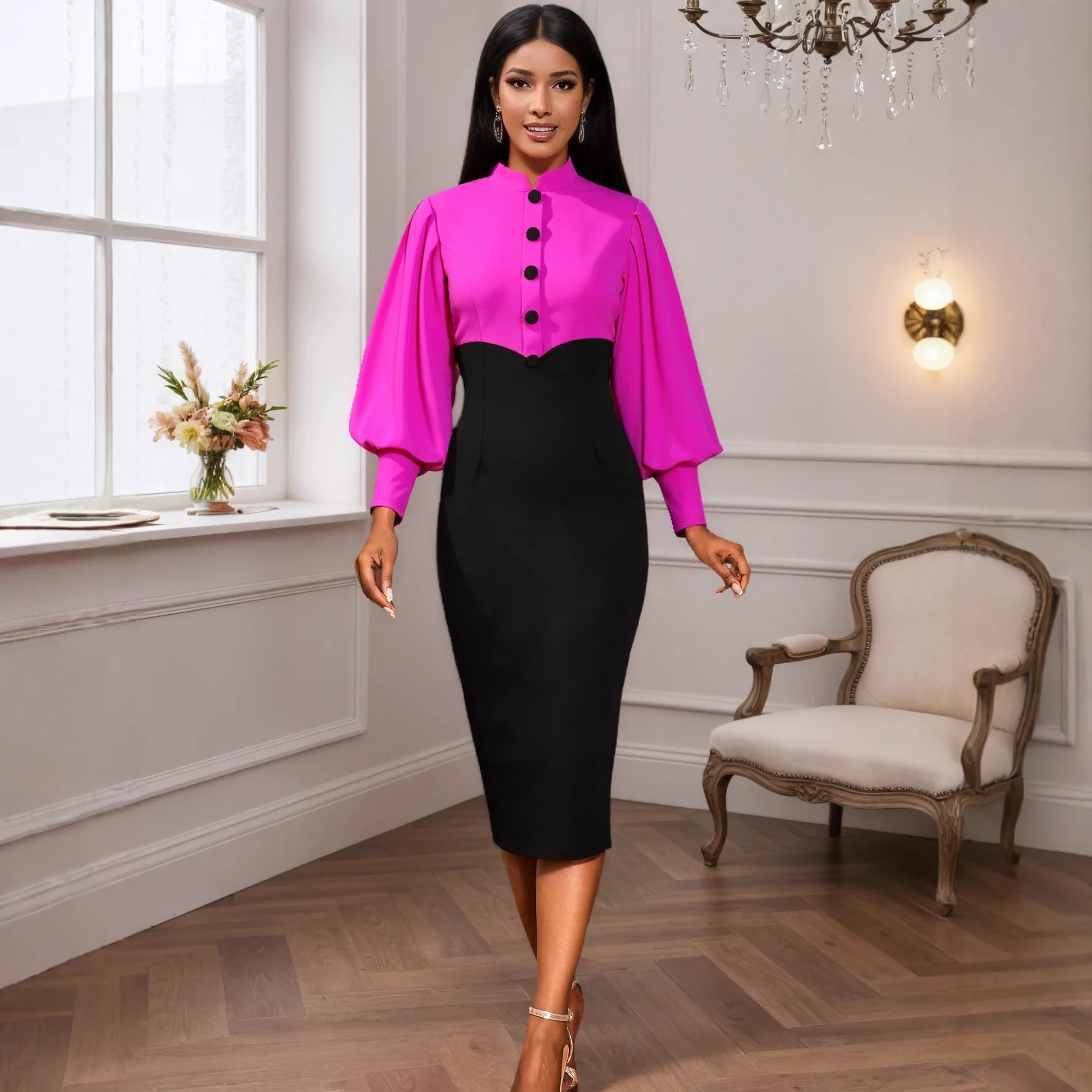 

Модное вечернее платье с воротником-стойкой, на пуговицах, с цветовыми блоками, с пышными рукавами, приталенное, элегантное, облегающее, для женщин