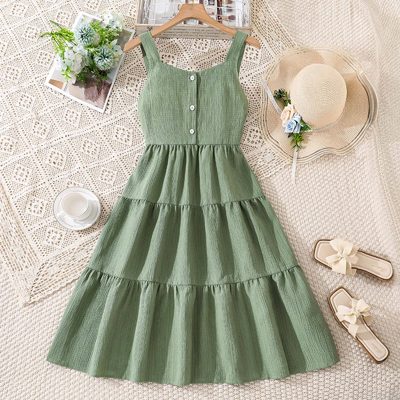 

Зеленое летнее платье для девочек 8-12 лет, без рукавов, с многоярусным дизайном, бантом сзади и эластичной талией, повседневная детская одежда