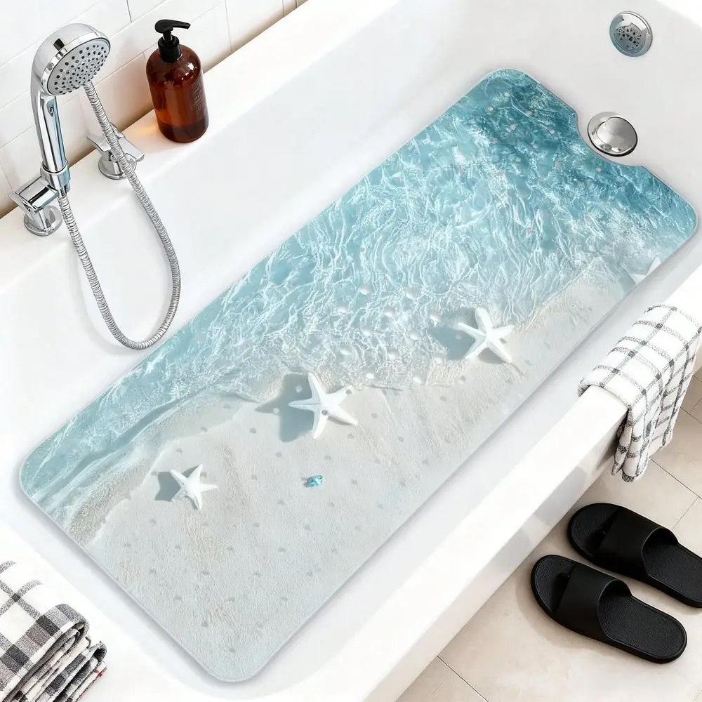 

Beach Starfish Bath Mat NonSlip Shower Mat With Ocean Wave Design Soft Bathroom Floor Mat, Suitable For Bathtub, Shower