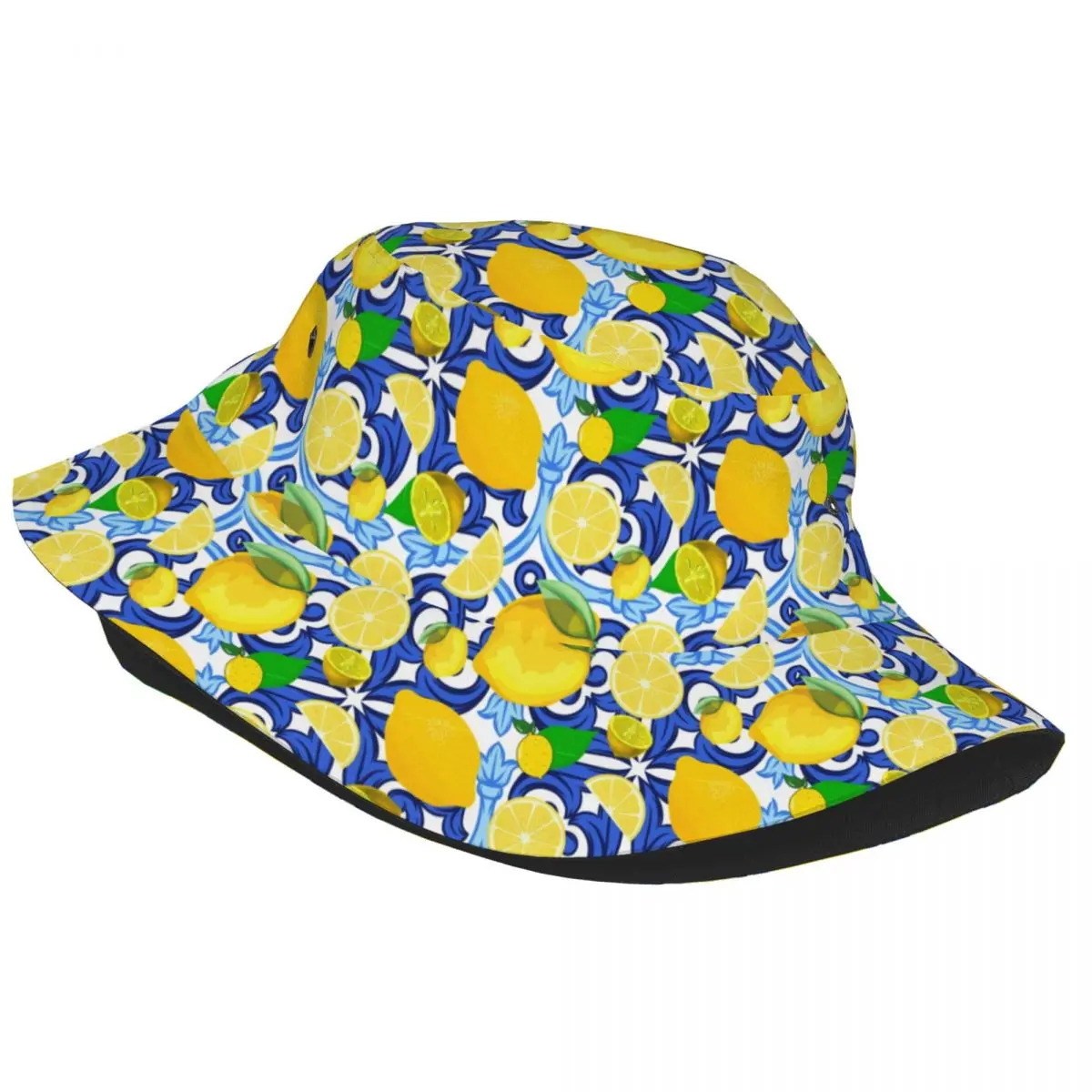 Foldable Lemon On Top Of Blue White Tile Italian Style Bucket Hat Citrus Fruit Summer Travel Beach Citrus Fruit Fisherman Cap