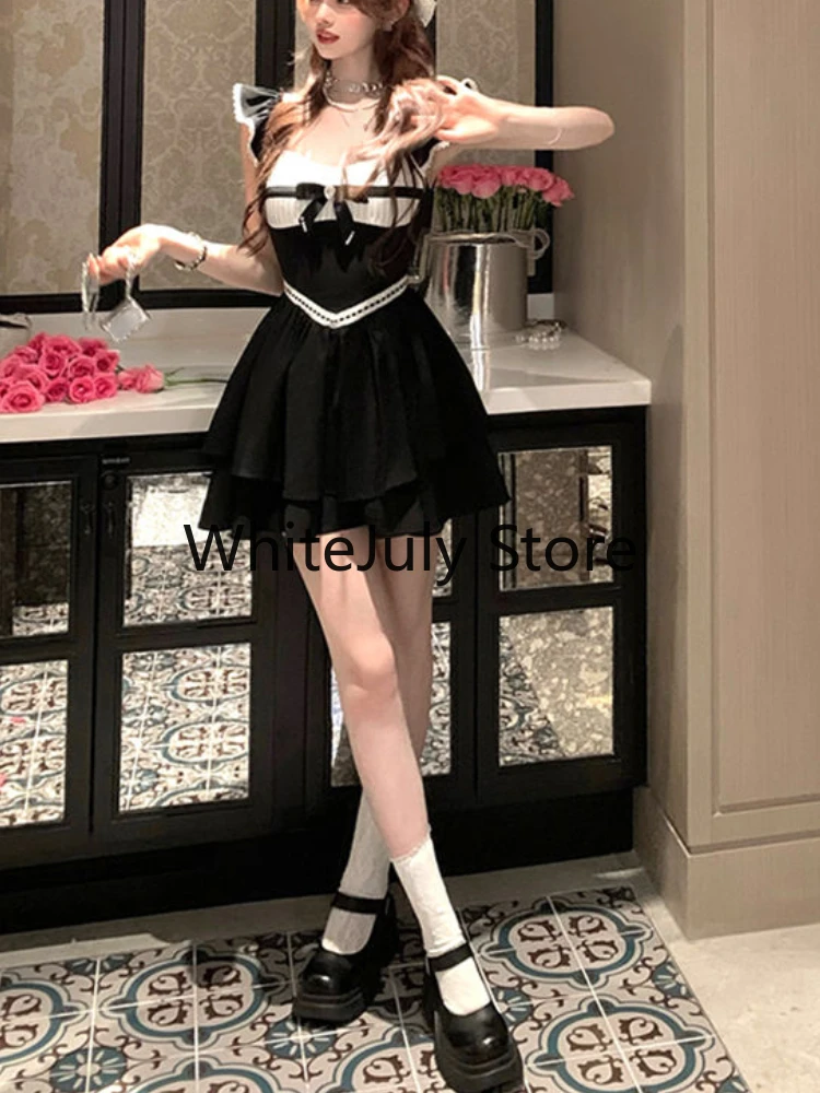 2023 Summer Bow Elegant Fairy Short Party Dress Women One Piece Dress Korean Fashion French Sleeveless Y2k Mini Strap Dress