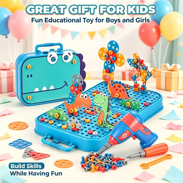351Pieces Children Tool Set Electric Drill Screw Nut Puzzle Toys Pretend Play Dinosaur Drilling Assembly Educational Toy Boy 2