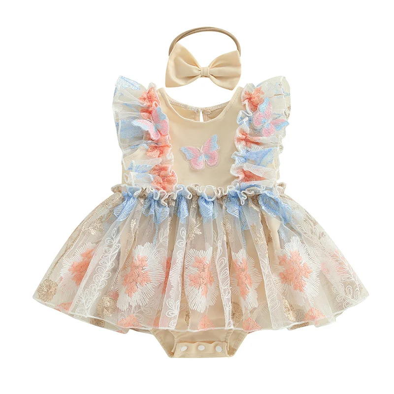 

Cathery Kids Baby Girls Summer Romper Dress Flutter Sleeve Round Neck Floral Butterfly Embroidery Mesh Bodysuits with Headband