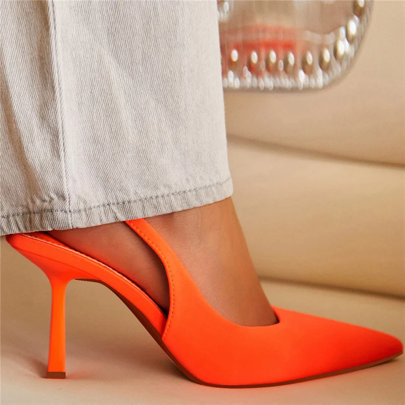 Women 9cm High Heels Pumps Neon Orange Green Sandals Lady Slingback Mules Pointed Toe Mid Heels Party Fetish Prom Wedding Shoes