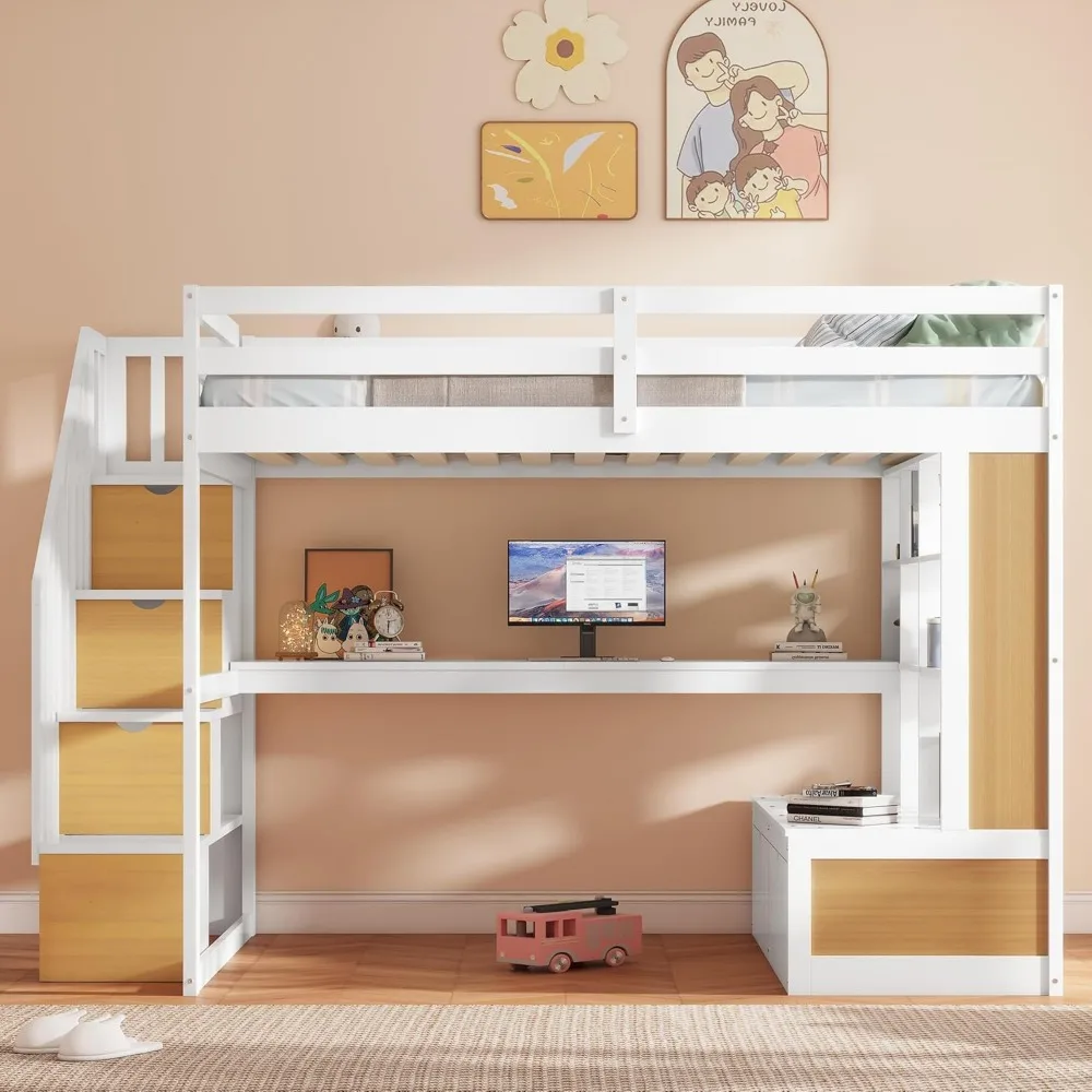 Full Size Loft Bed with Desk and Storage Stairs, Wood Loft Bed Frame with Bookshelves & 2 Drawers,White and Natural