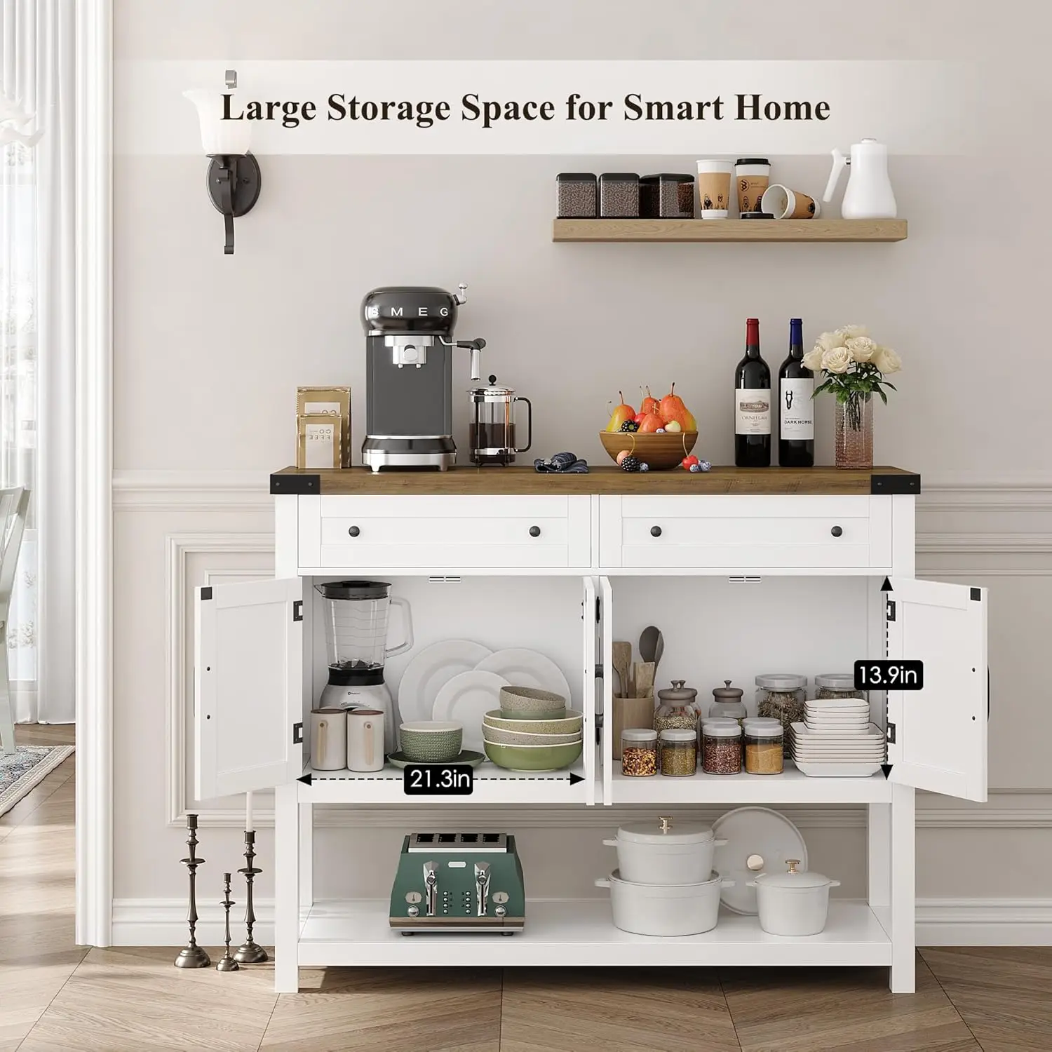 Buffet Sideboard Cabinet with Storage, 47.2" Modern Farmhouse Coffee Bar with 2 Drawers, Barn Doors Console Table