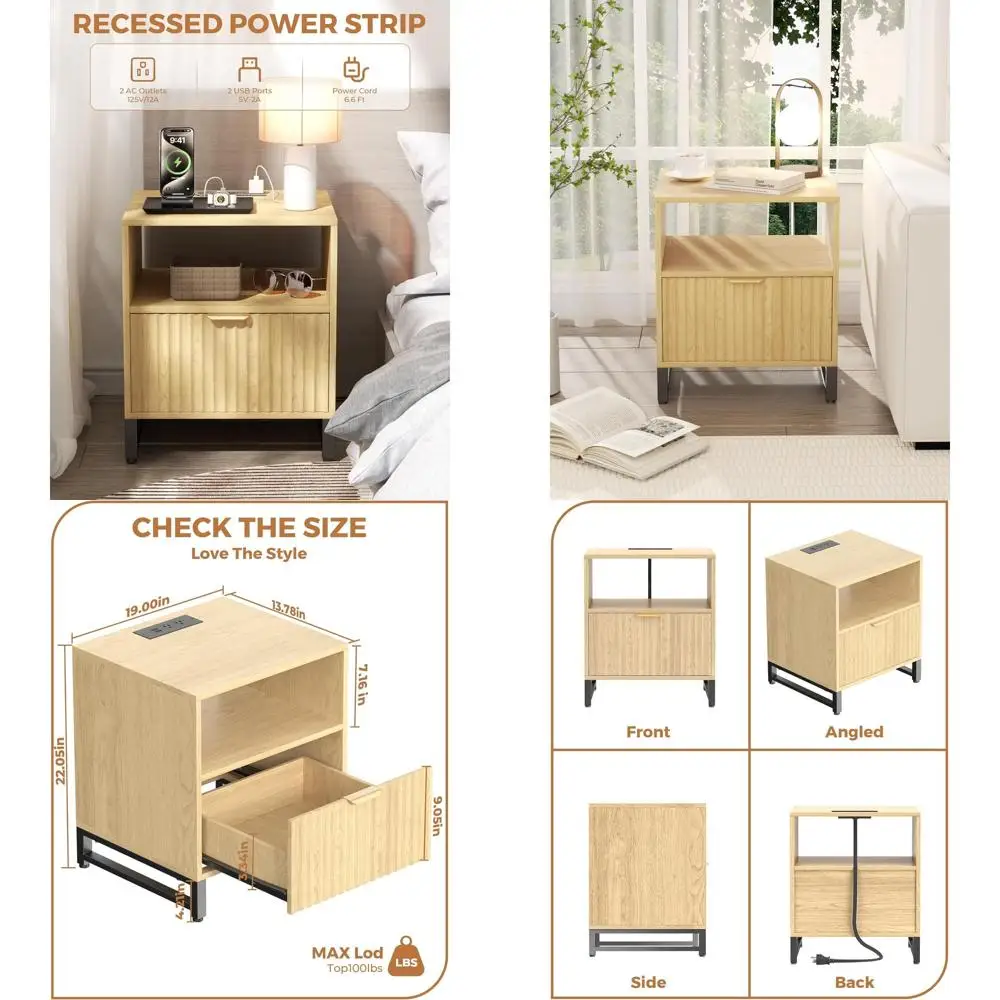 

Mid-Century Modern Nightstand with Charging Station, Large Drawer, and Open Storage for Bedroom, Office