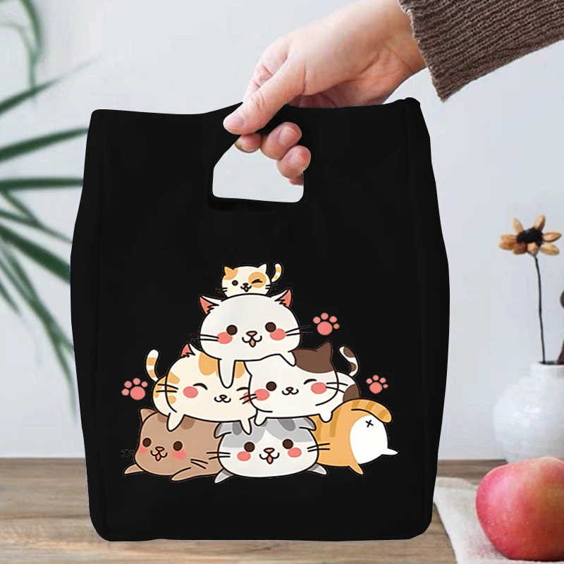 Kawaii Cartoon Cat Print Girls Insulation Bags Cartoon Cat Gift Portable Lunch Bag Kids Cute Animal Lovers Essential Lunch Bags