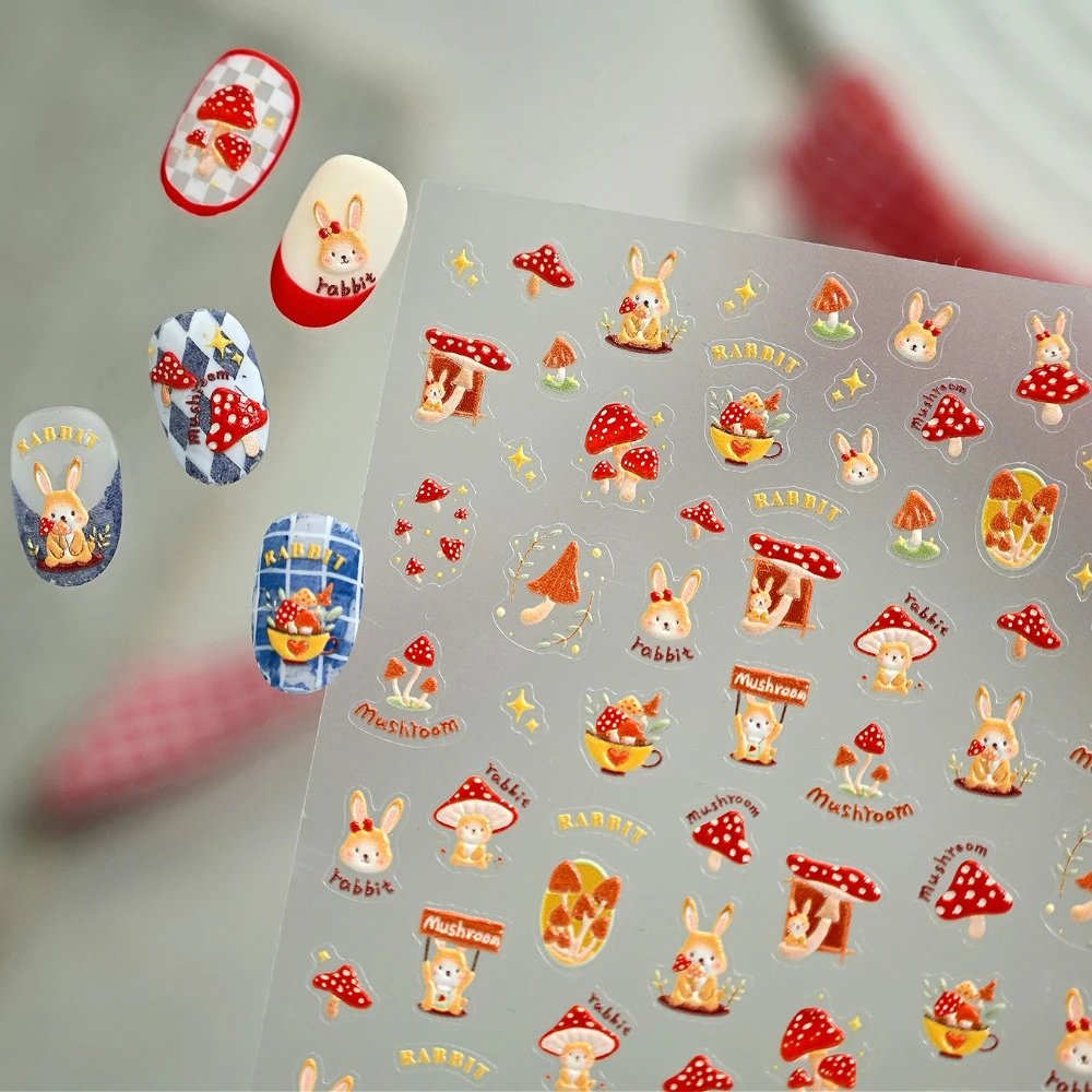 Bellissimo cartone animato fungo coniglio autunno 5D in rilievo autoadesivo adesivi per nail art simpatico coniglietto pigna foglia d'acero decalcomanie per manicure