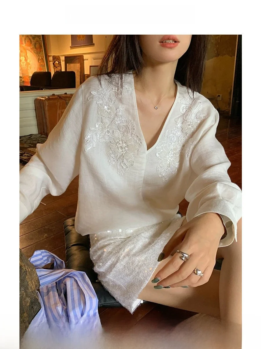 

ROCO Summer New Linen Cotton Embroidered V-neck Loose Shirt Basic Style Women's Business Casual Fashion UV Protection