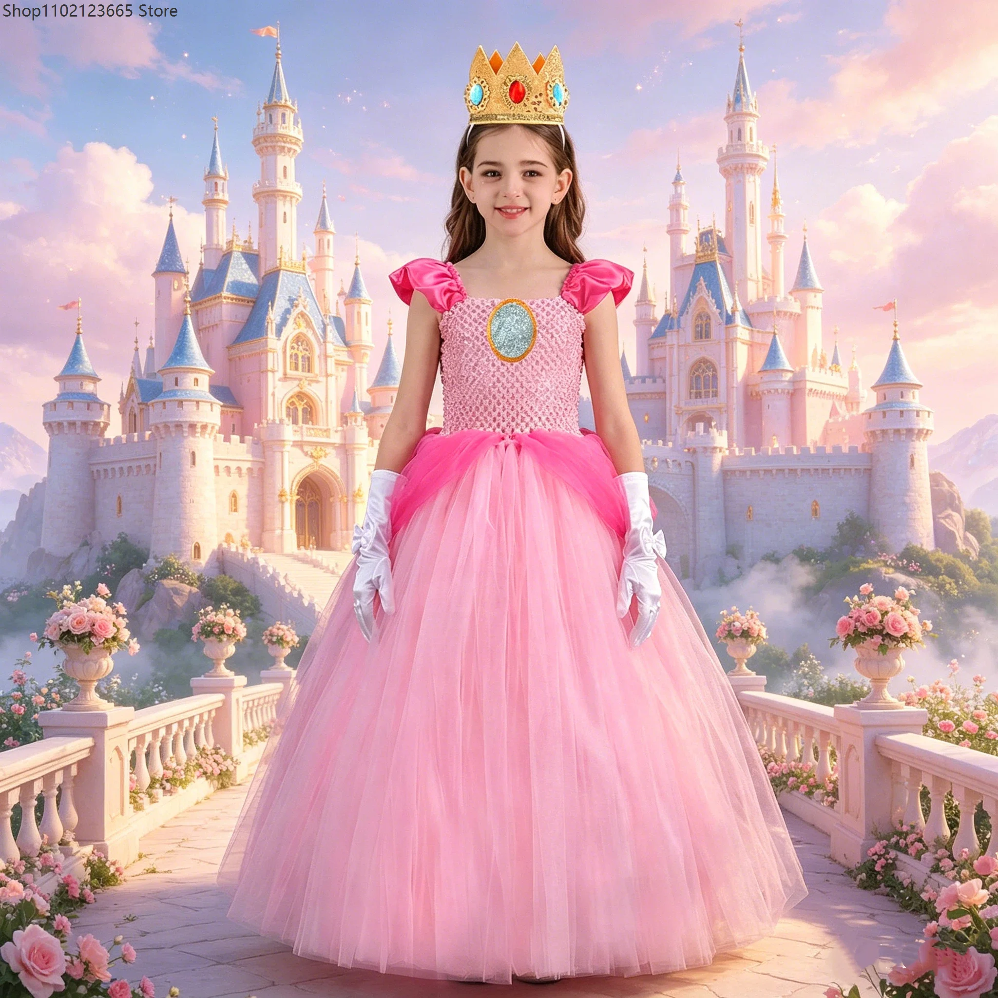 Princess-style Peach Pink Long Dress Tulle Skirt Enfant Birthday Party Halloween Cosplay Dress Tulle Skirt Stage Performance Set