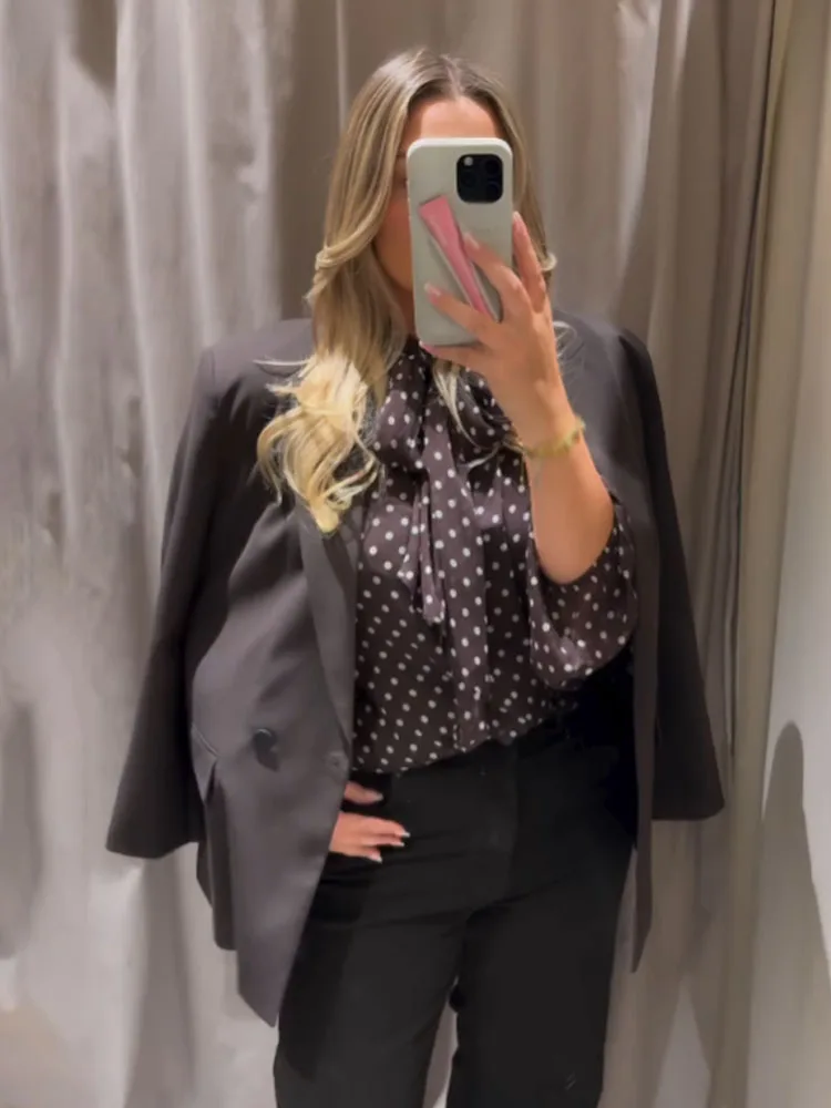 

HH женская мода с бантом и вырезом с длинными рукавами в горошек, тонкая легкая шикарная рубашка, женская элегантная рубашка для отдыха на работу