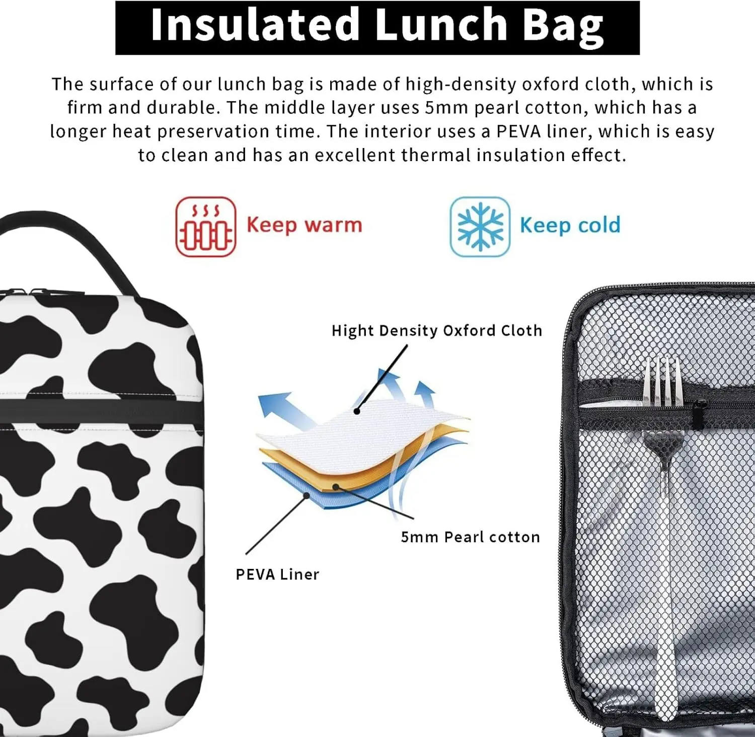 Tas Makan Siang Motif Sapi Kotak Makan Siang Terisolasi Pendingin Mini Portabel Tas Makan Siang Besar yang Dapat Digunakan Kembali Untuk Sekolah Kerja