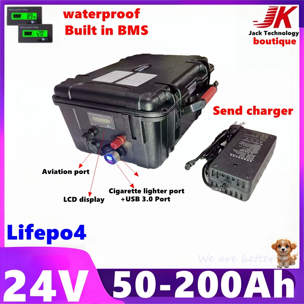 

JK Waterproof 24V 50Ah 80Ah 100Ah 150Ah 200Ah Lithium Lifepo4 Battery+Bms For boat Trolling Motor Propeller Outdoor+10A Charger