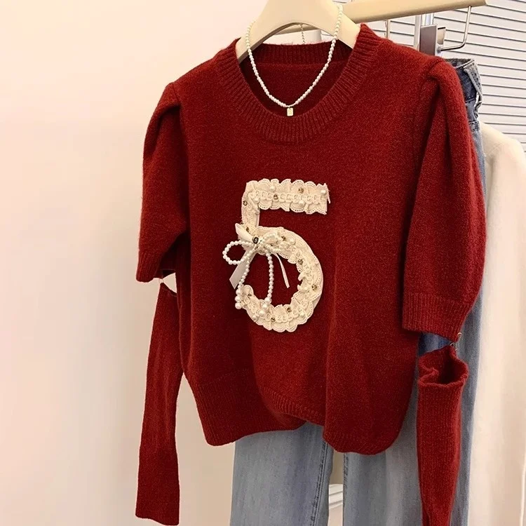 

Detachable Sleeve Knitted Sweater Women'S Outerwear Spring Ruffles Adjustable Student Versatile Flounce Fringed Ruffle Ethereal