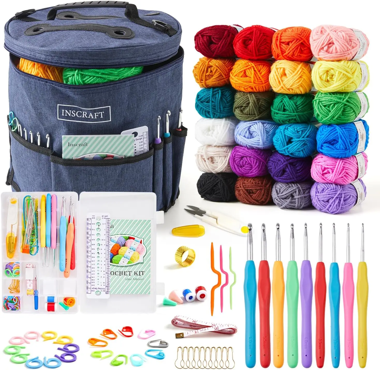 

Crochet Kit for Beginners Adults with 24 Colors Yarn and Hooks, Amigurumi Craft Set in Durable Bag