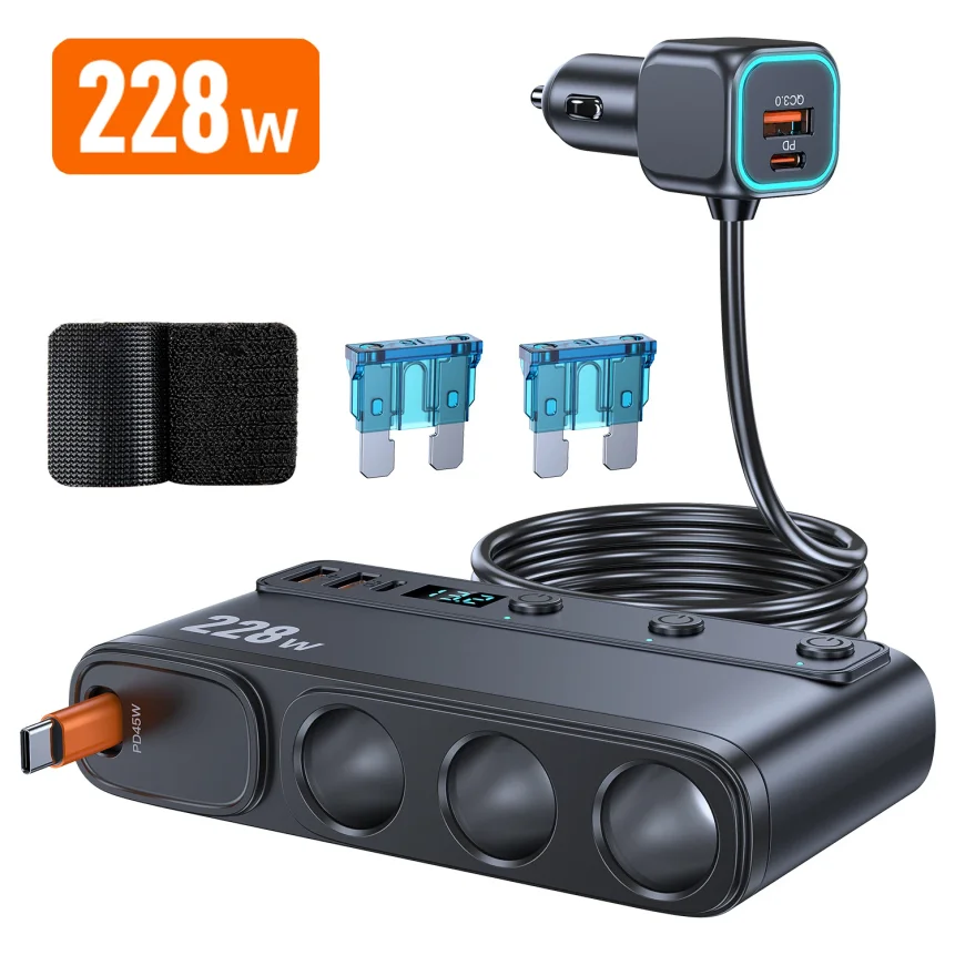 

228W 9 in 1 Car Charger Adapter PD QC3.0 Charge Independent Switches DC Cigarette Outlet PD 3 Socket Cigarette Lighter Splitter