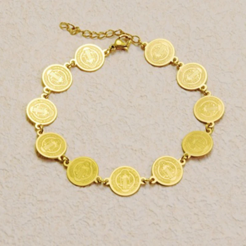Heiliger Benedikt, 11-teiliges Medaillenarmband, Edelstahl, spiritueller Schutz, Amulett-Armband, Benediktin, Segen, Schmuck – Detail 7