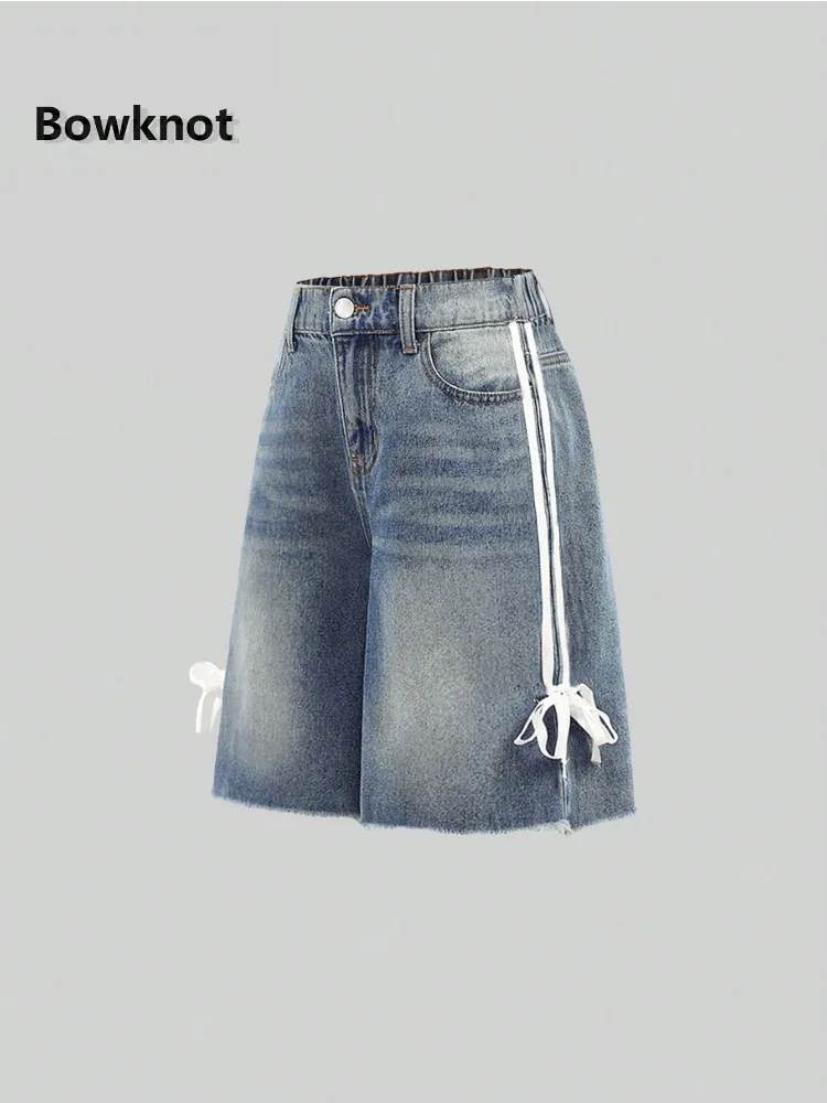 Shorts Bermuda de Mezclilla para Mujer, Estilo Y2K, Cintura Alta, con Cordones, Lazo Lateral, Rayas, Holgados, Largura hasta la Rodilla, Estilo Urbano Informal