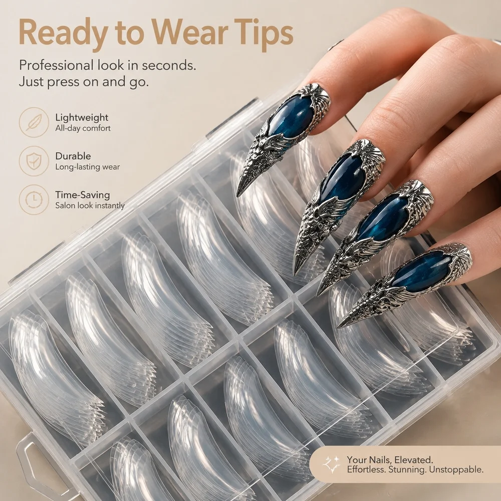 120Pcs Curved Eagle Claw Nail Tips Boxed Clear Stiletto False Nails 12‑Size System For Salon Nail Art Extension Supplies