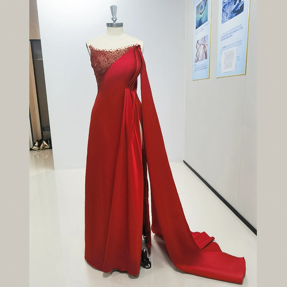 Red Beading Backless A-Line Evening Dress With High Slit New Fashion Female Floor Length Party Prom Ball Gowns