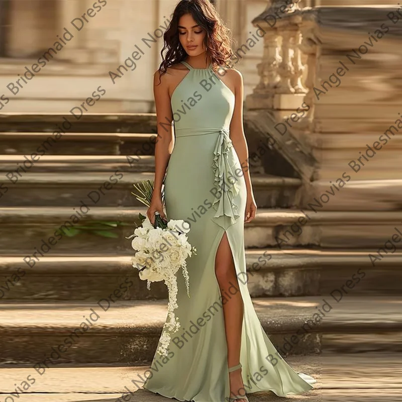 

Customized Long Light Green Chiffon Bridesmaid Dresses with Split Wedding Party Maid Of Honor Dress robes invitée mariage