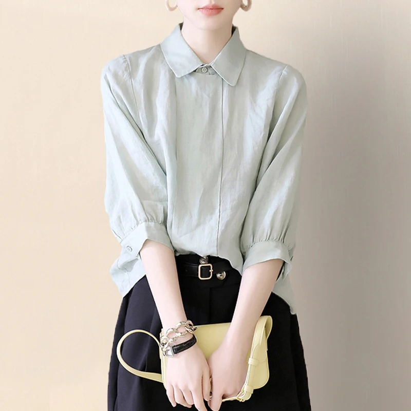 

Pure Cotton ort Sve irt Brand Tailored irt Korean Sle Collar Multi-Button Closure Straight Cut Top