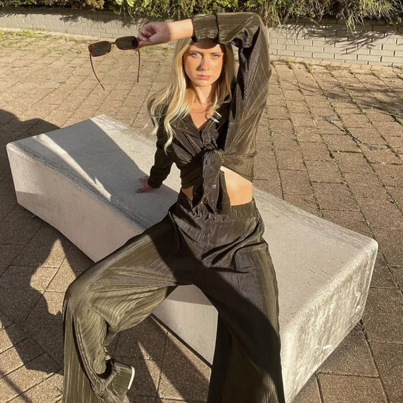 Spring New Pleated Casual Shirt Outfit Long-Sleeved Trousers High Waist Elegant Loose Drooping WomenWlj