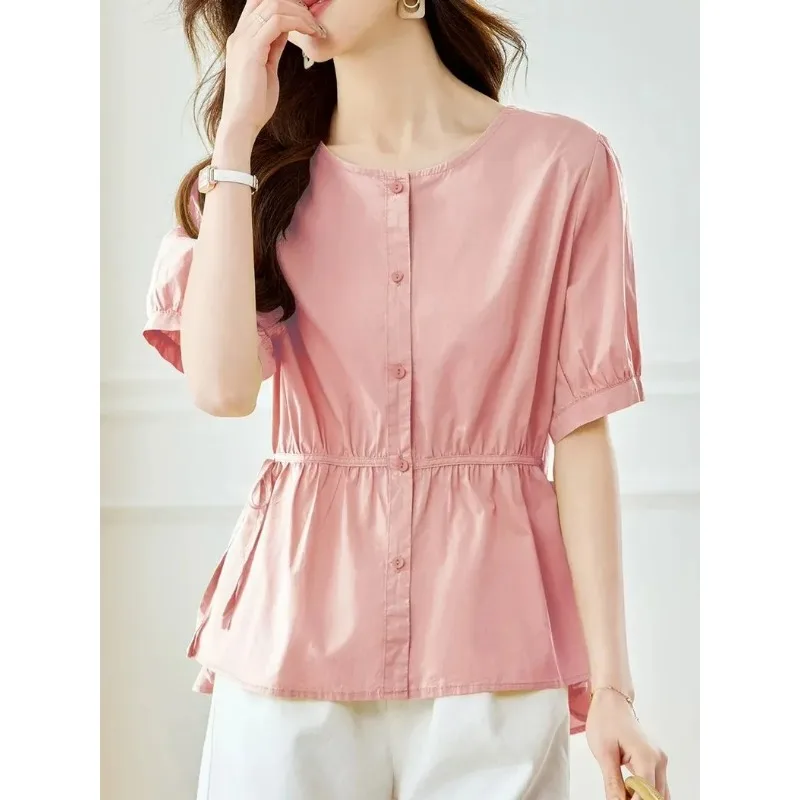 

Women's Spring Summer Short Sleeve Blouse Round Neck Button Down Drawstring Waist Peplum Top