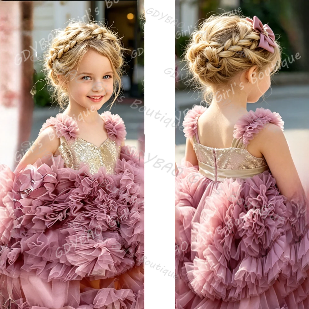 Dusty Pink Girls Birthday Party Dresses Puffy Ruffles Flower Girl Dress for Wedding Litter Princess Kids Gowns for Photoshoot
