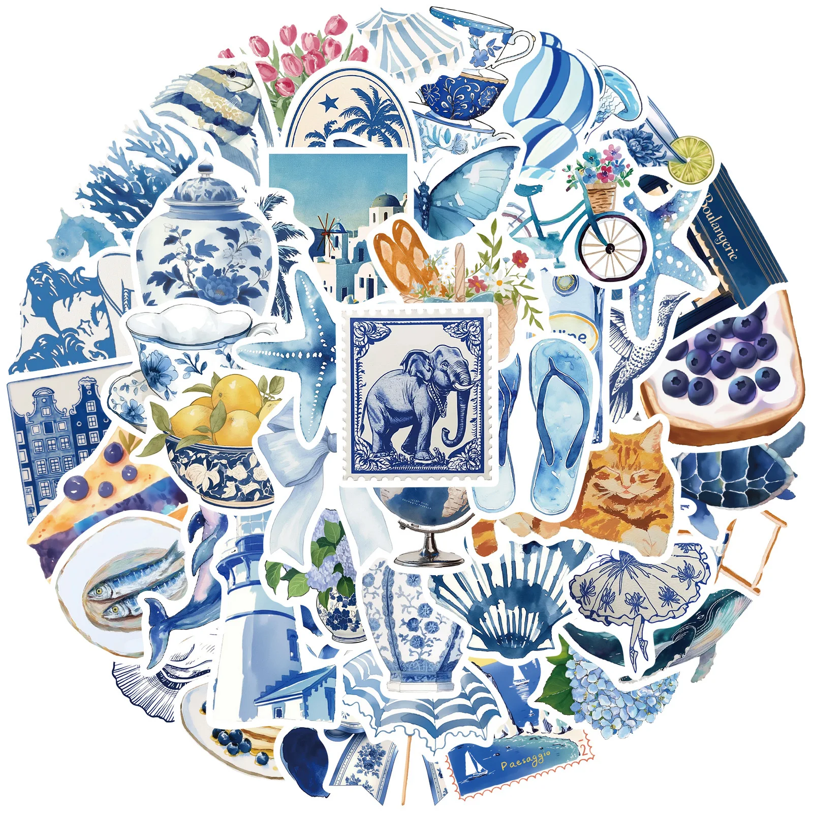 

50PCS Cartoon Beautiful Blue Watercolor Sticker Retro Doodle Waterproof Decal Children's Toy Gifts for Glasses Box Diary Desk