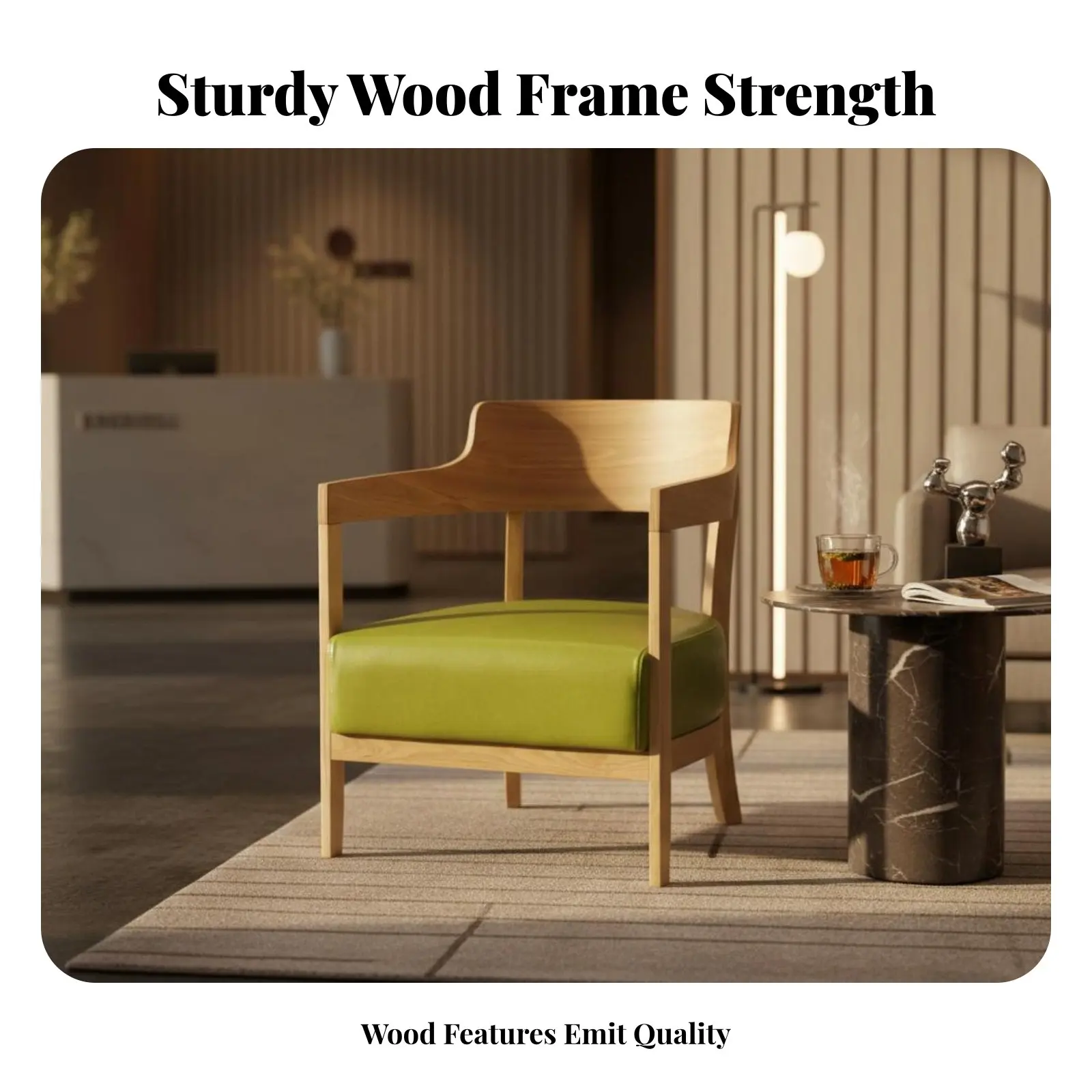 

Upholstered Wood Frame Armchair Comfortable padding Upholstered Wood-Frame Seat Ergonomic spine supportrest dense Foam Padding