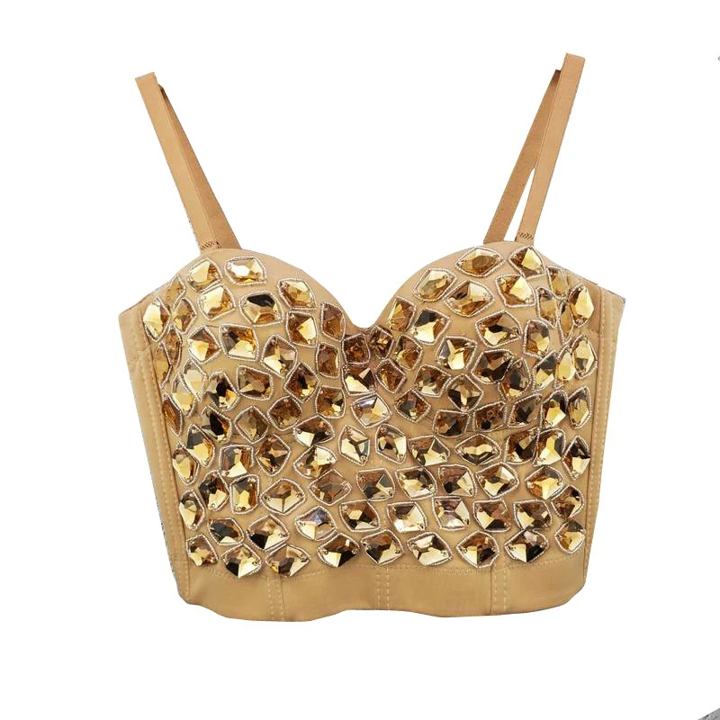 Cupnaya cristaux strass femmes Sexy haut court Push Up Bustier court Camisole Corset Bralette brillant pour les spectacles de carnaval