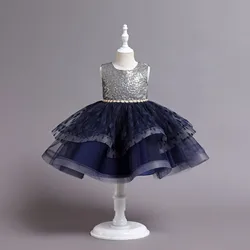 New Summer Pearls Sashes Kids Girls Party Dresses Sequined Princess Dress Tulle Layers Dot Print Children Clothes 7 8 10 Years