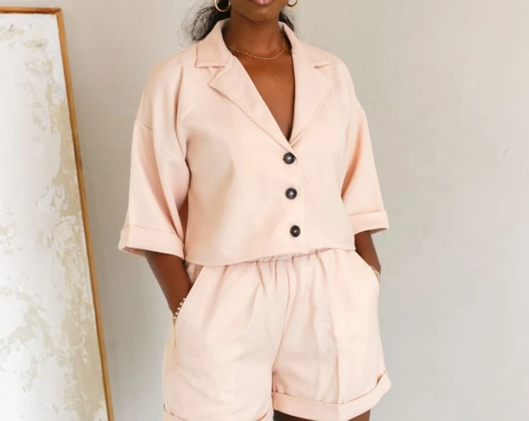 

Suit Collar Button Up Short Sleeved Shirt with High Waisted Elastic Waistband Curled Wide Leg Pants Solid Color Loose Shorts Set