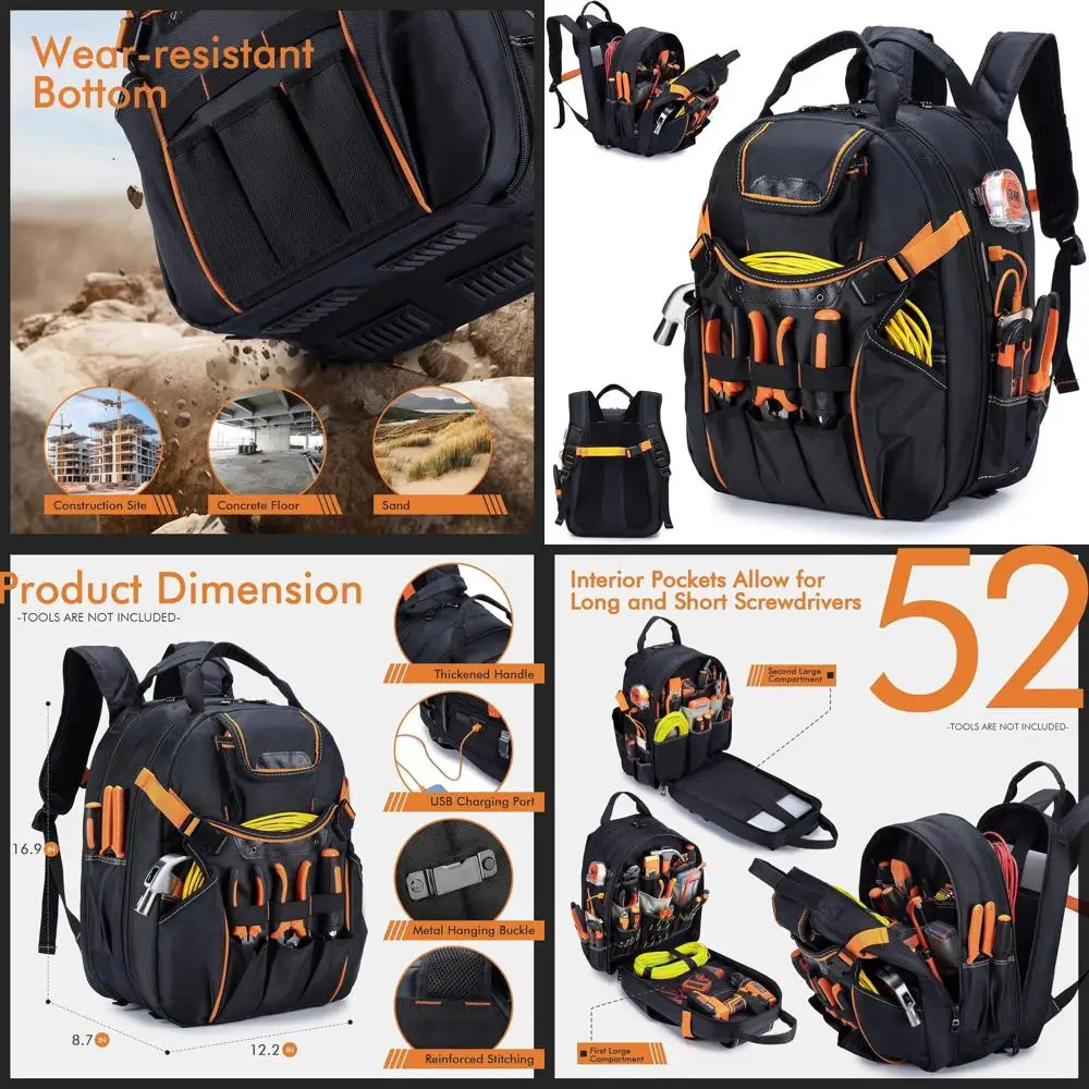 

Heavy-Duty Waterproof Tool Bag Backpack for Men - 52 Pockets Storage Organizer for Electricians, Repairmen, and Construction Wor