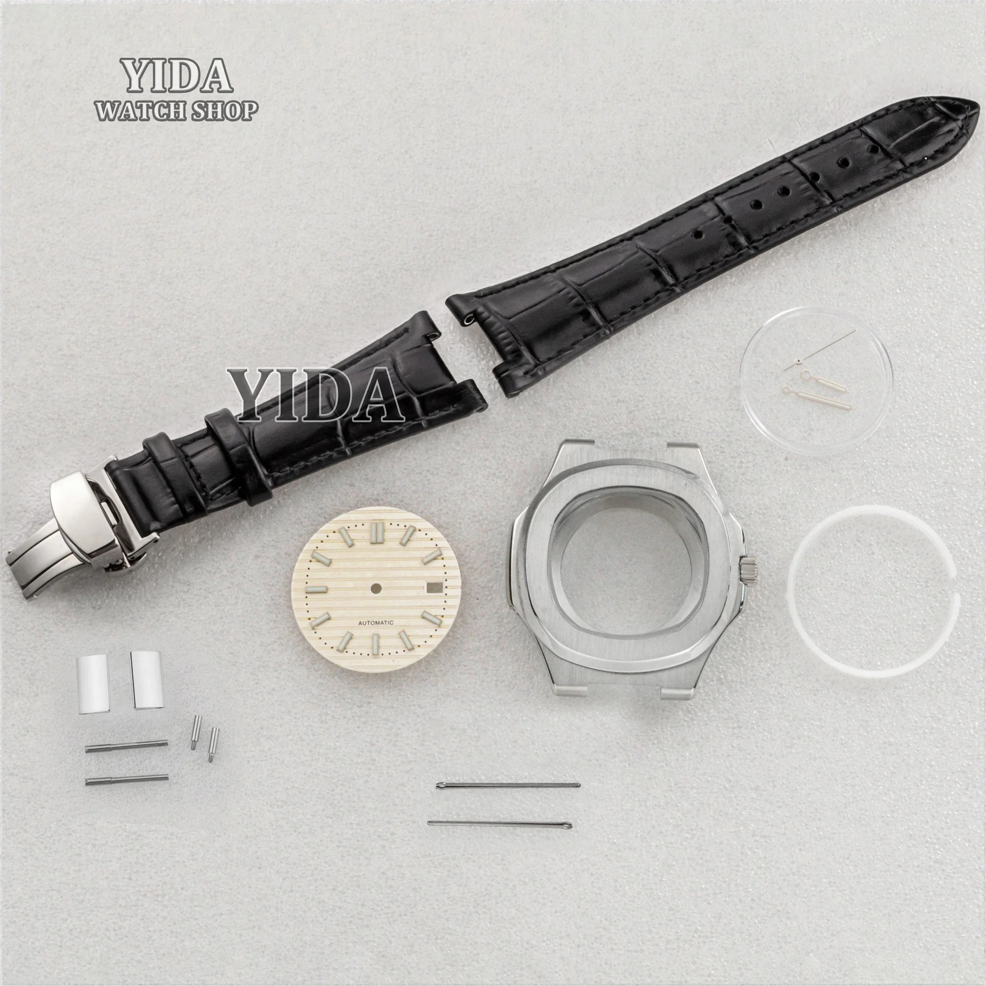 

41mm NH35 Case Genuine Leather Strap Silver Stainless Steel 10ATM Waterproof WatchCase Dial Hands Fit Nautilus NH35 Movement MOD