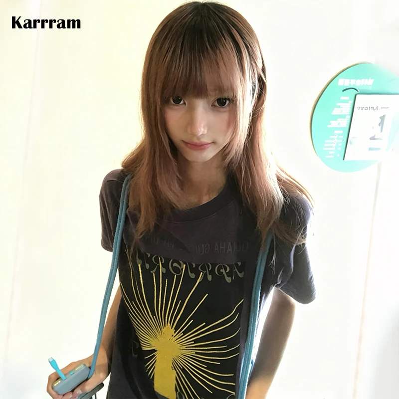 Karrram Japanese Y2k Graphic Print T-shirt Trashy 2000s Style Purple Top Vintage Harajuku Short Sleeve Streetwear American Retro