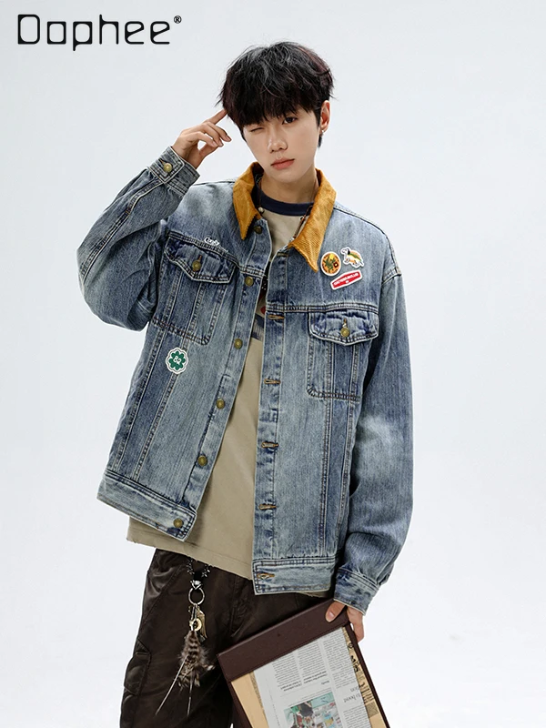 

2025 Spring and Autumn New American Style Corduroy Lapel Patchwork Embroidered Blue Denim Jacket Men's Loose Casual Black Jacket