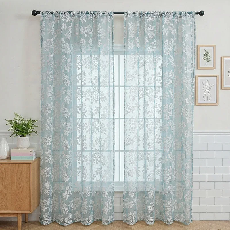 2Pcs Soft Flower Lace Transparent Curtain Perforated Sheer Translucent Voile Curtains Living Room Sun Protection Window Drapes
