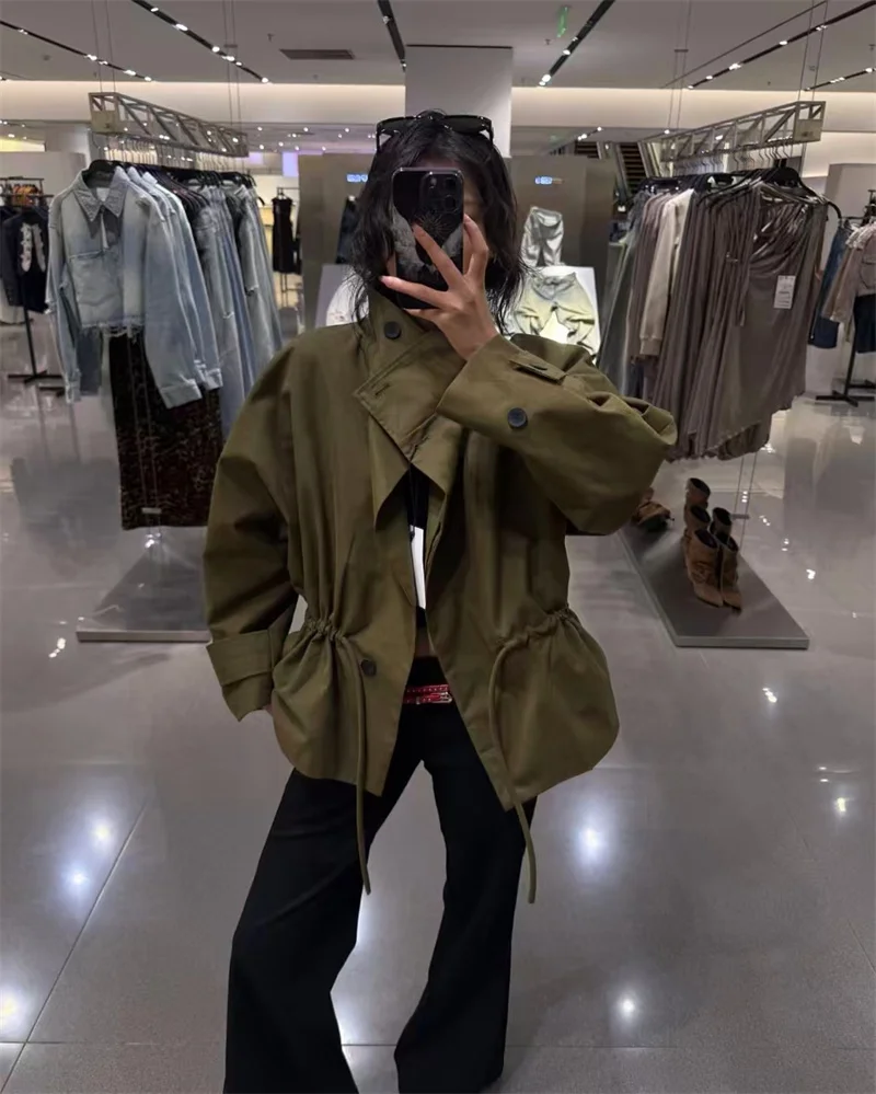 Chaqueta de Mujer Guobioziy Otoño 2026, Chaqueta Holgada con Cordón en la Cintura, Manga Larga, Verde Militar, Parka Cortavientos, Estilo Moderno