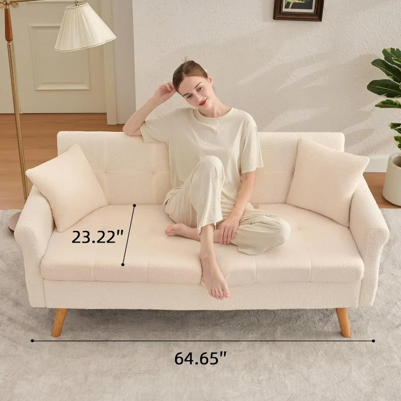 Loveseat-Sofa, weiße Love-Sitz-Sofas mit Wurfkissen, Boucle kleines Sofa für Wohnzimmer, Schlafzimmer, Büro, Button-Tuf